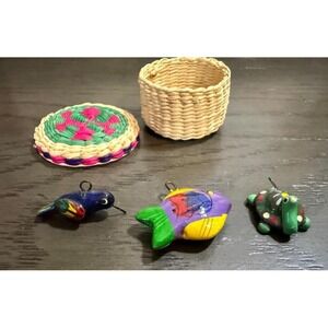 Vintage Mini Mexican Folk Art Charms + Tiny Woven Basket